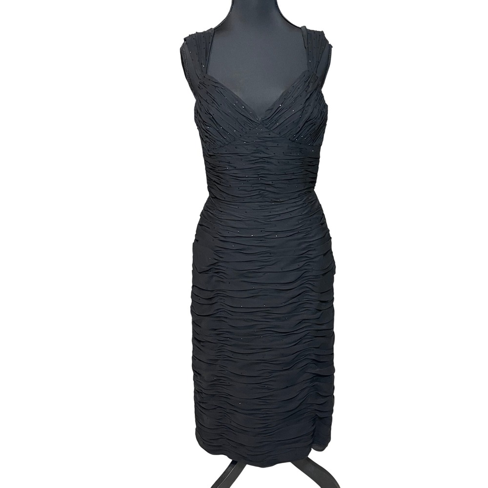 Papell Boutique Evening Black Silk Ruched Beaded Formal Cocktail Party Dress Sz6